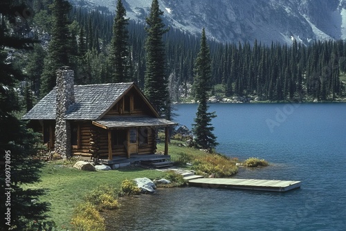 Fototapeta Naklejka Na Ścianę i Meble -  Rustic log cabin by a deep blue lake surrounded by pine trees and lush green grass in the mountains