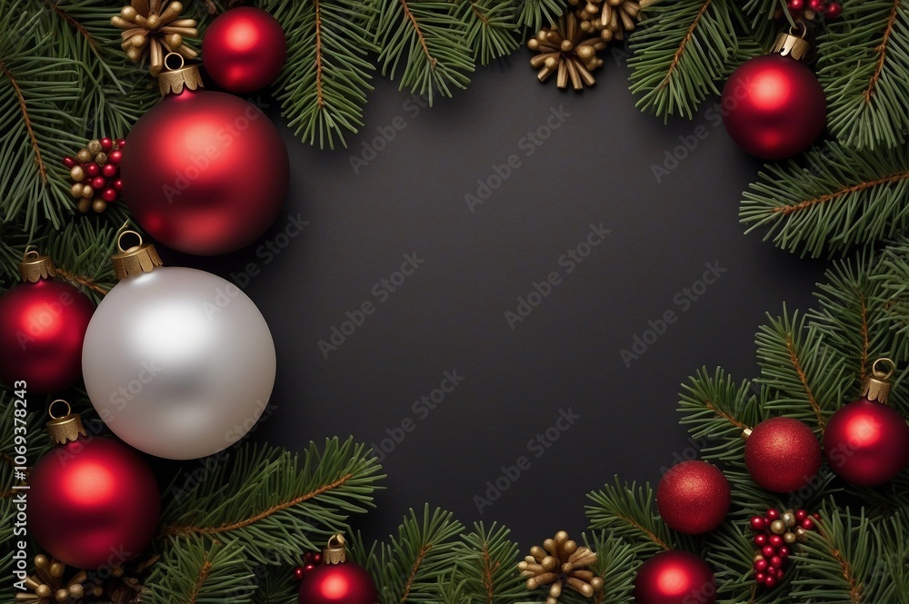 a black christmas background with red ,white ornaments and pine branches a black christmas background with red ,white ornaments and pine branches