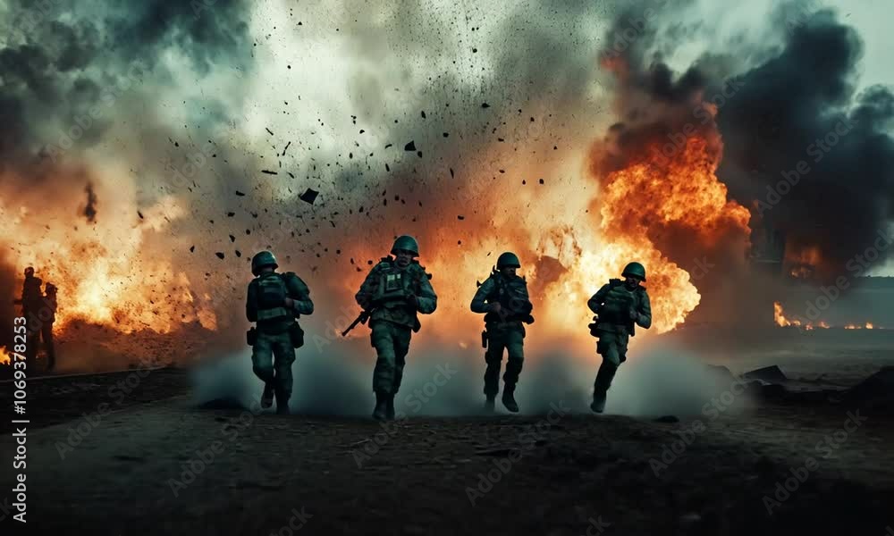 Soldiers Running Amidst Explosive Smoke and Flames on Battlefield at Dusk Soldiers Running Amidst Explosive Smoke and Flames on Battlefield at Dusk
