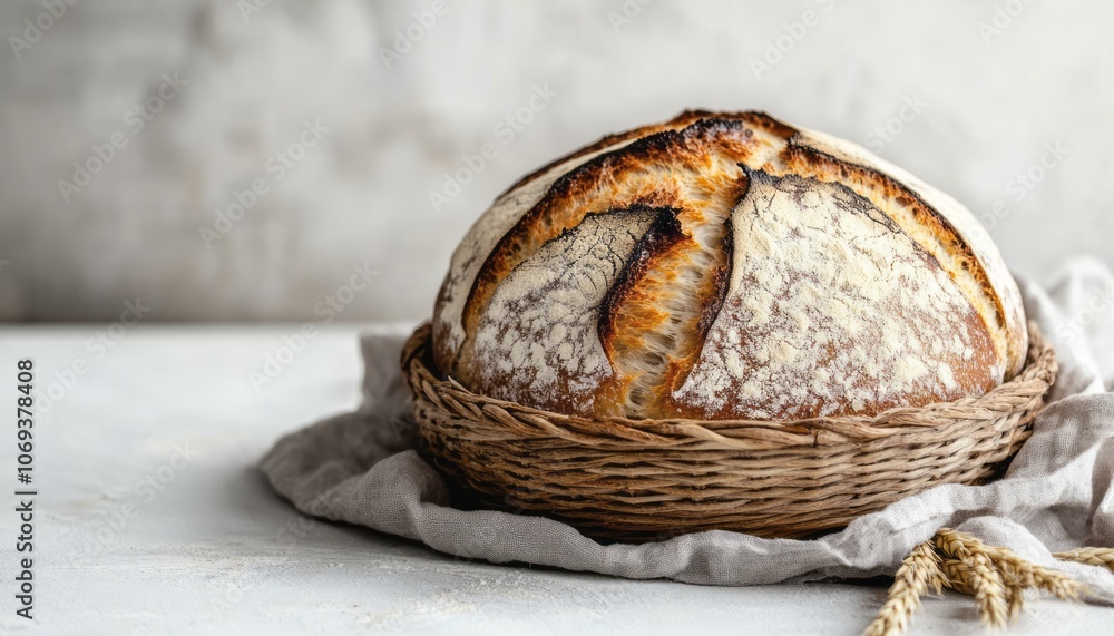 Freshly baked artisan bread presented in a rustic wicker basket on a light surface Freshly baked artisan bread presented in a rustic wicker basket on a light surface