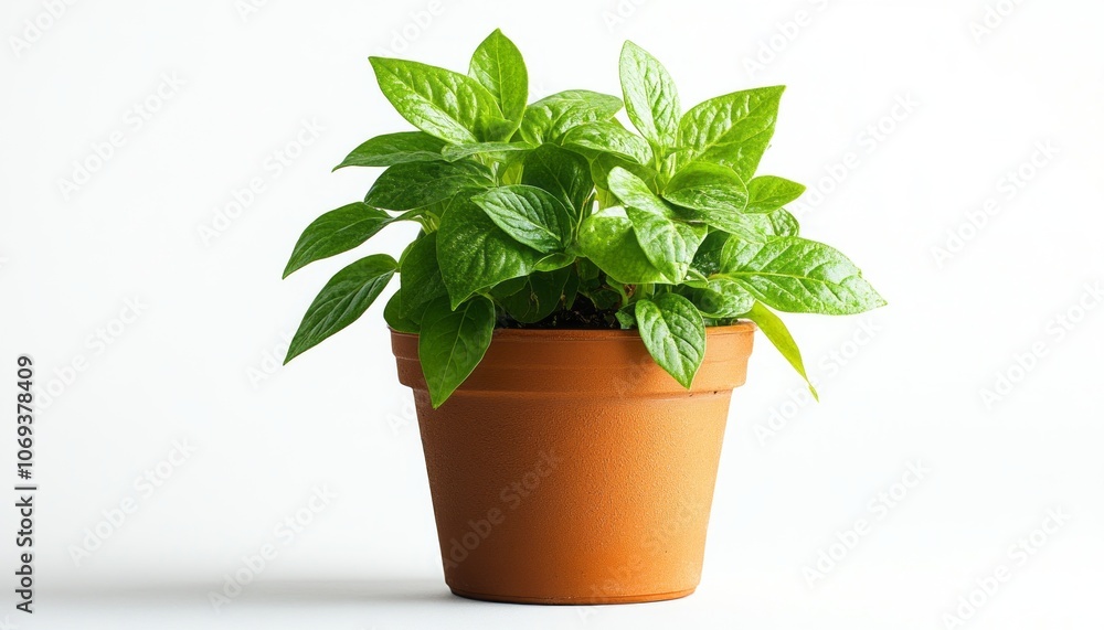 Obraz premium Fresh green plant in a terracotta pot against a clean white background
