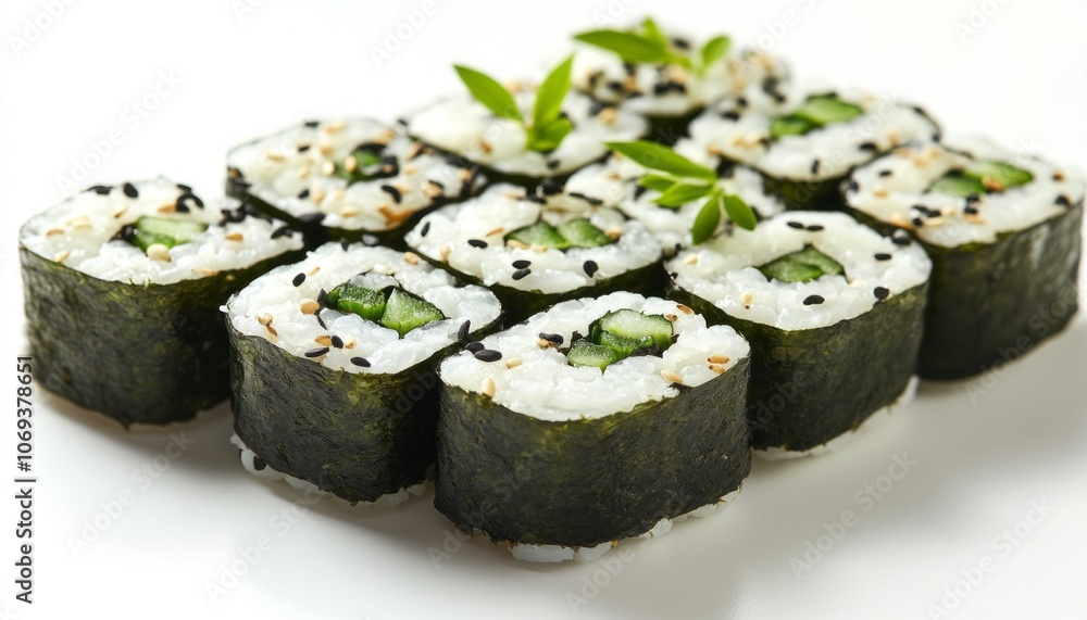 Freshly prepared sushi rolls with cucumber and sesame on a white plate Freshly prepared sushi rolls with cucumber and sesame on a white plate