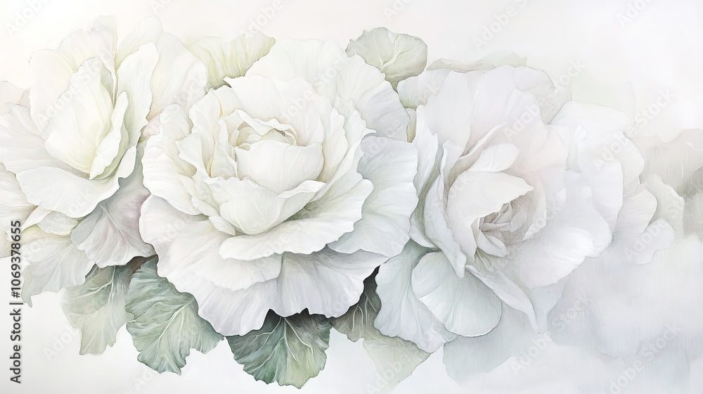 Three beautiful white roses with lush leaves are arranged together, emanating a sense of tranquility and freshness in a soft, serene setting Three beautiful white roses with lush leaves are arranged together, emanating a sense of tranquility and freshness in a soft, serene setting
