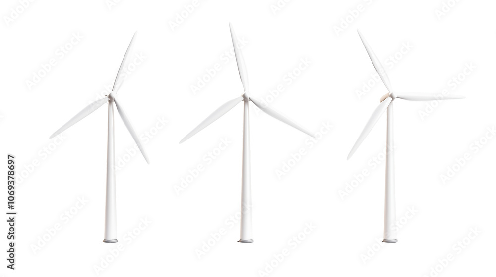 Three White Wind Turbines on Transparent Background Three White Wind Turbines on Transparent Background