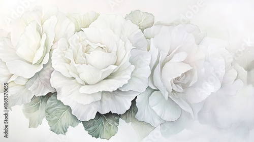 Three beautiful white roses with lush leaves are arranged together, emanating a sense of tranquility and freshness in a soft, serene setting