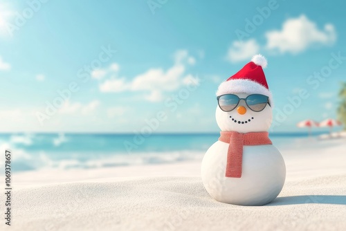 A fun snowman wearing sunglasses and a christmas hat on a sunny beach under a blue sky