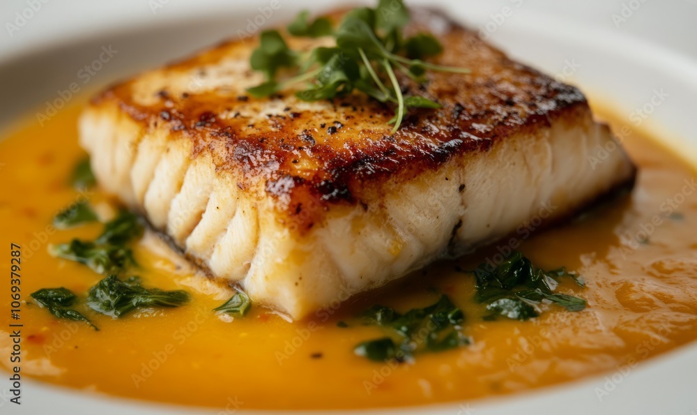 A meticulously crafted gourmet dish showcasing a seared piece of fish atop a light, creamy bisque A meticulously crafted gourmet dish showcasing a seared piece of fish atop a light, creamy bisque