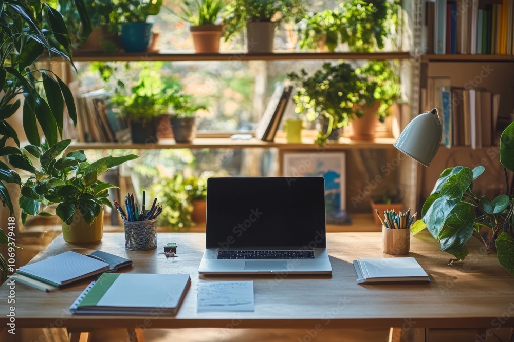 Cozy home office setup with laptop, notebooks, and greenery for a productive workspace Cozy home office setup with laptop, notebooks, and greenery for a productive workspace