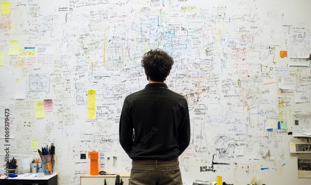 A man contemplating complex ideas on a whiteboard full of notes and diagrams A man contemplating complex ideas on a whiteboard full of notes and diagrams