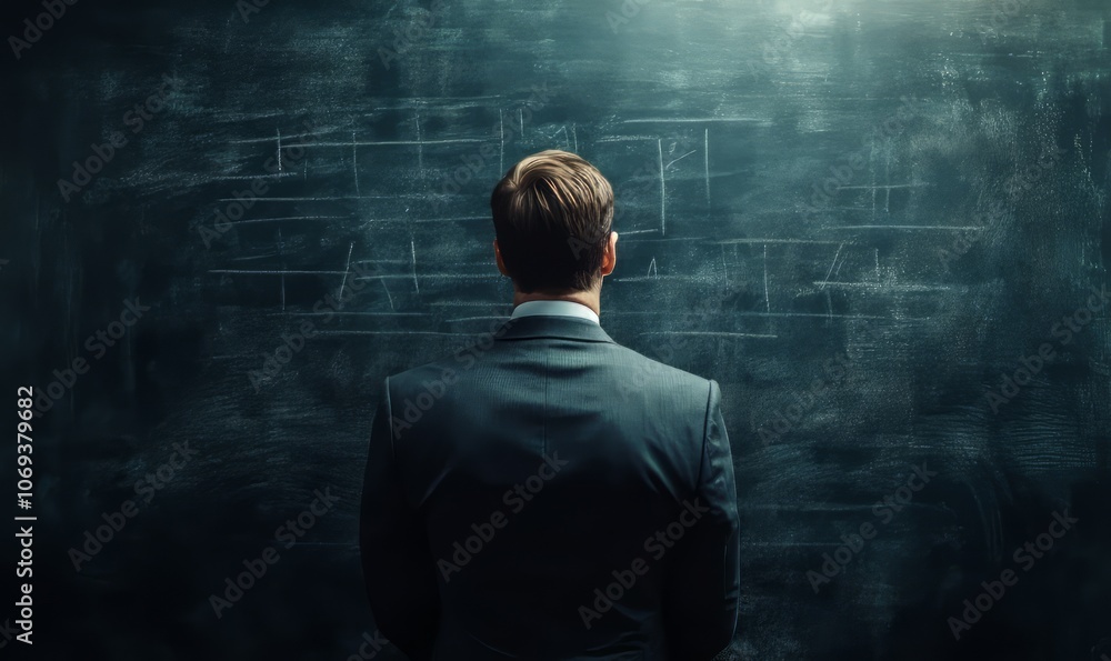 Businessman contemplating questions on chalkboard in a decision-making scenario Businessman contemplating questions on chalkboard in a decision-making scenario