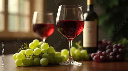 A glass of red wine beside fresh green grapes on a wooden table indoors