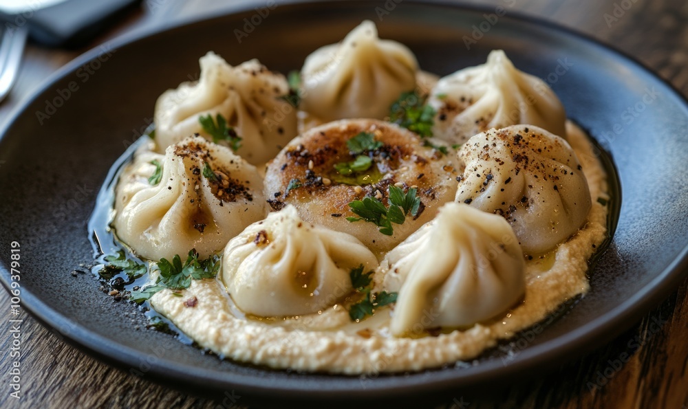 A plate showcases golden-brown wheat dim sums, beautifully crafted with intricate folds, accompanied by hummus and garnished with fresh herbs, all set on a rustic wooden table A plate showcases golden-brown wheat dim sums, beautifully crafted with intricate folds, accompanied by hummus and garnished with fresh herbs, all set on a rustic wooden table
