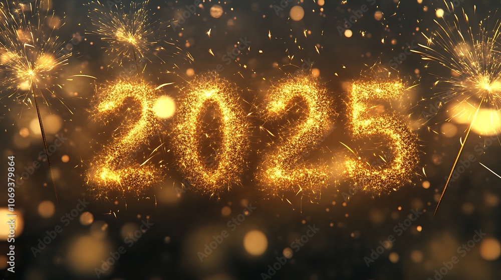 New Year 2025 greeting card with fireworks, sparklers, and bokeh lights against a night sky. New Year 2025 greeting card with fireworks, sparklers, and bokeh lights against a night sky.