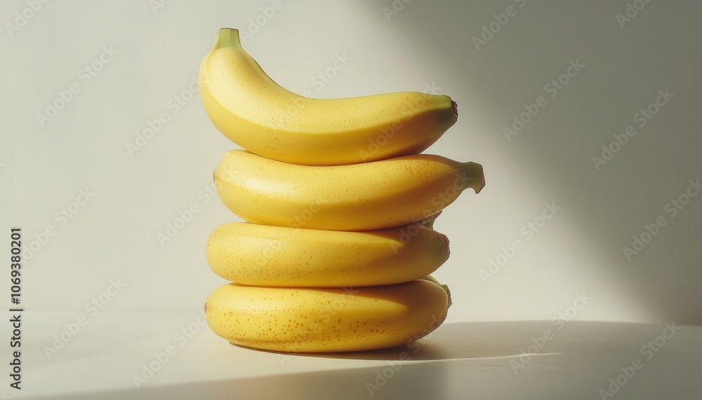 A stack of four ripe yellow bananas arranged on a light surface with soft shadows A stack of four ripe yellow bananas arranged on a light surface with soft shadows