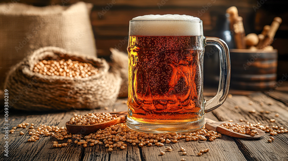 Freshly brewed beer in mug with malt grains on rustic wooden table Freshly brewed beer in mug with malt grains on rustic wooden table