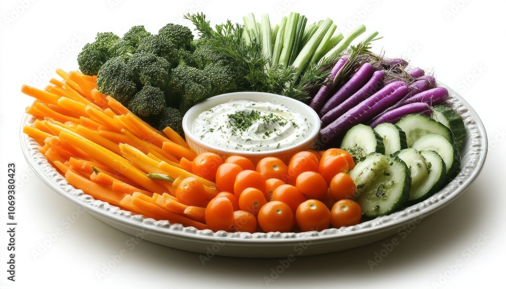 Fresh vegetable platter with colorful carrots, cucumbers, and broccoli presented with dip Fresh vegetable platter with colorful carrots, cucumbers, and broccoli presented with dip