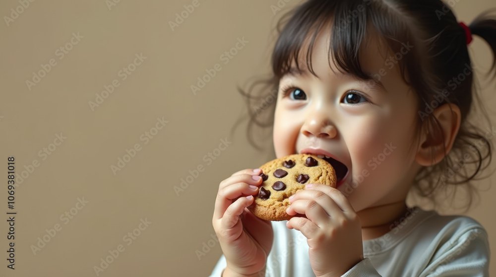 A cheerful girl enjoys a chocolate chip cookie with joy A cheerful girl enjoys a chocolate chip cookie with joy