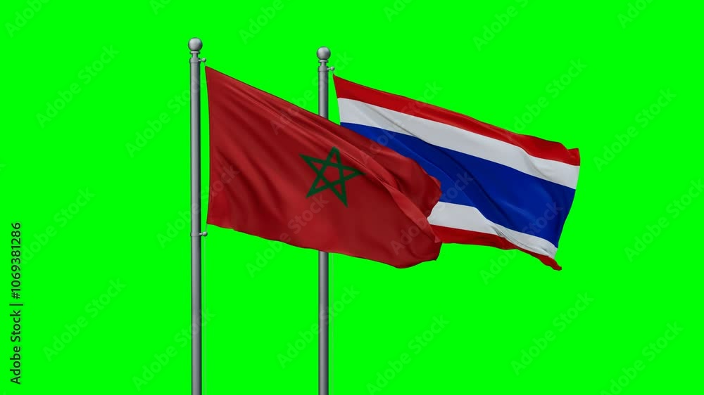 Kingdom of Thailand and Morocco flags flying together, video concept of the relationship with colored chroma key for easy background remove, two country cooperation concept Kingdom of Thailand and Morocco flags flying together, video concept of the relationship with colored chroma key for easy background remove, two country cooperation concept