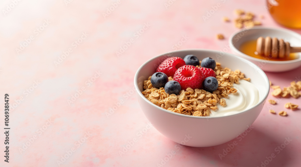Delicious yogurt bowl with granola and berries on a pastel background Delicious yogurt bowl with granola and berries on a pastel background