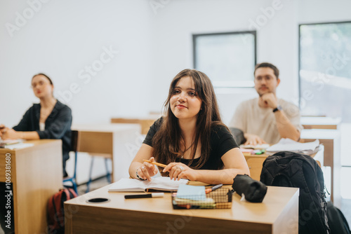 A group of high school students attentively participating in a classroom setting, focused on their studies. The atmosphere is educational, with students listening and taking notes during the lesson.