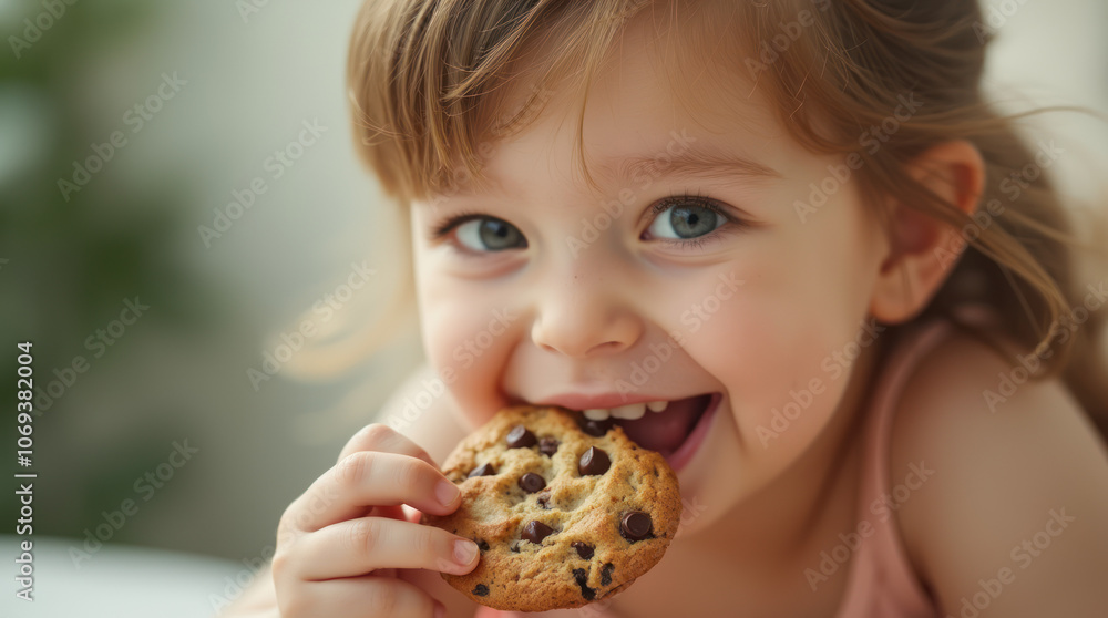 A joyful girl enjoying a chocolate chip cookie in a bright, cheerful kitchen A joyful girl enjoying a chocolate chip cookie in a bright, cheerful kitchen