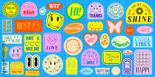 Cool Groovy Patches Vector Set. Collection Of Y2k Stickers Pop Art Design.