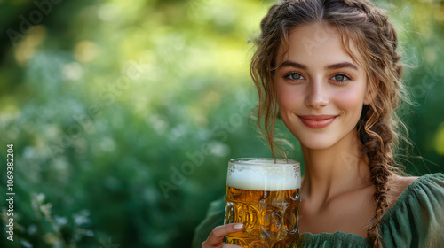 Smiling woman drinking beer outdoors on a sunny day in a green dress