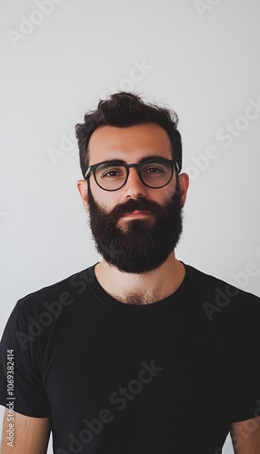 Portrait of a man with a distinctive beard and glasses on white background