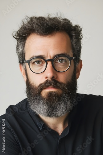 Portrait of a man with a distinctive beard and glasses on white background