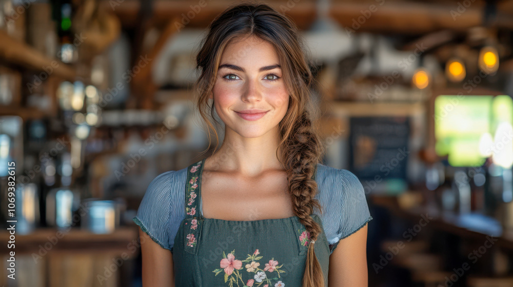 Smiling woman with braided hair wearing floral apron in a rustic cafe setting Smiling woman with braided hair wearing floral apron in a rustic cafe setting