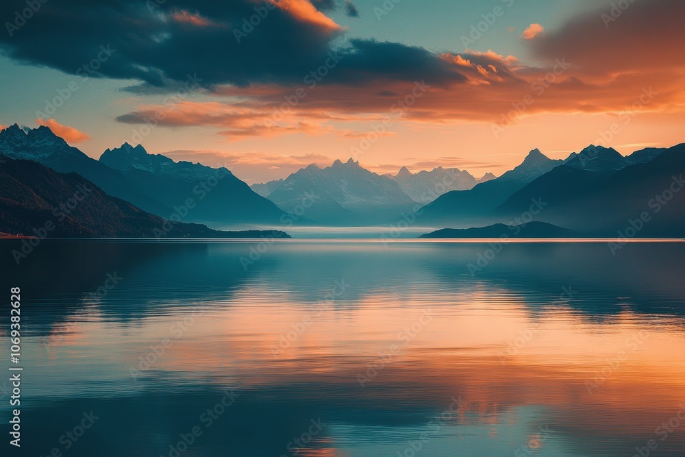 Fototapeta premium Serene lake surrounded by majestic mountains under a stunning blue and orange sky