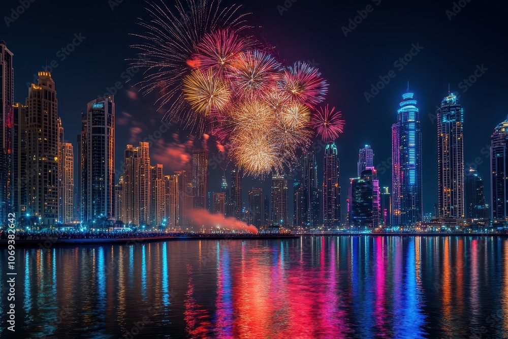 Fototapeta premium Fireworks Over City Skyline at Night.AI Generation