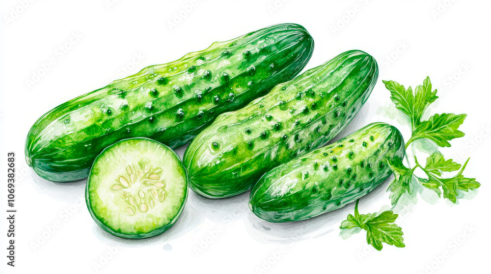 A cluster of freshly harvested cucumbers, showcasing various sizes, alongside a sprig of parsley on a clean surface, emphasizes their vibrant green colors and textures
