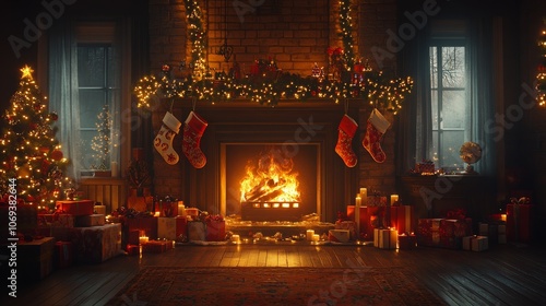 Wallpaper Mural Cozy Christmas Living Room With Decorated Tree and Fireplace Torontodigital.ca