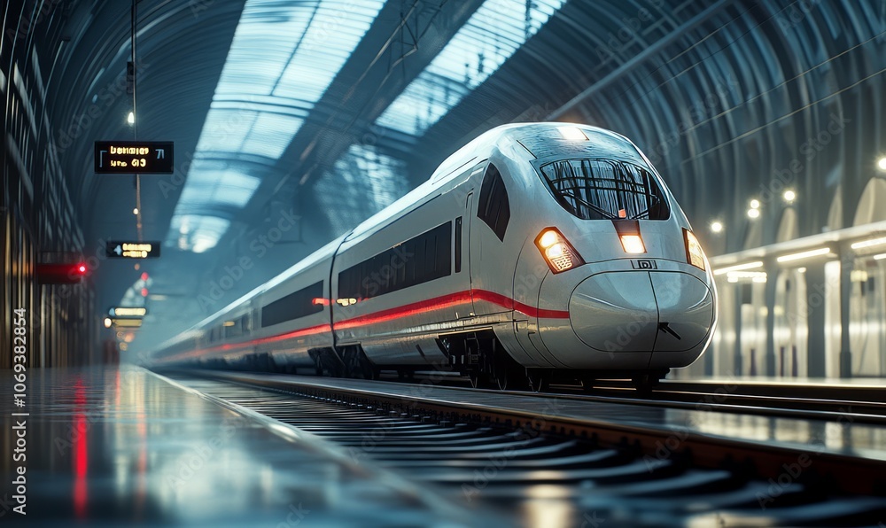 High-speed rail station with sleek trains High-speed rail station with sleek trains