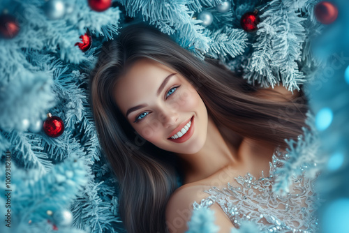 beautiful smiling woman with long blond straight hair against the background of a blue New Year tree, Christmas holiday Concept happy festive decorations holiday season pretty girl Beauty 