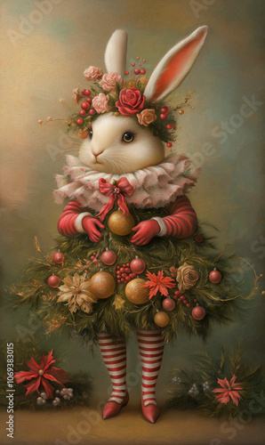 Vintage post card with white Christmas bunny in a frill.