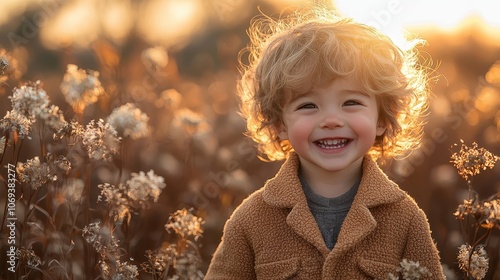 Joyful Child Laughing in Golden Field at Sunset