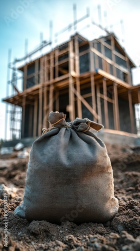 Bag of cement on construction site with building frame, developing architecture and construction concept photo