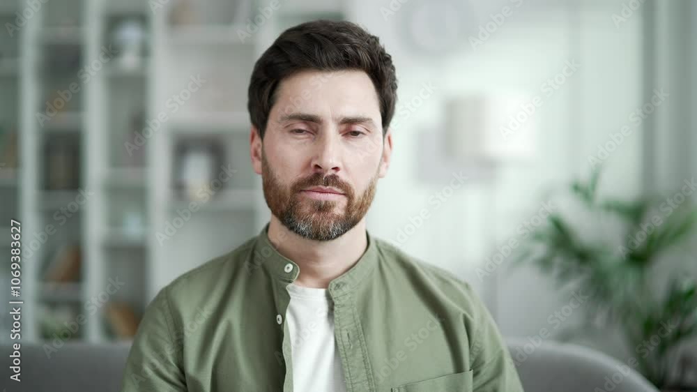 Portrait of serious handsome man sitting on sofa in living room at home. Head shot of confident bearded businessman in shirt. Focused mature male owner poses looking at camera indoors. Close up Portrait of serious handsome man sitting on sofa in living room at home. Head shot of confident bearded businessman in shirt. Focused mature male owner poses looking at camera indoors. Close up