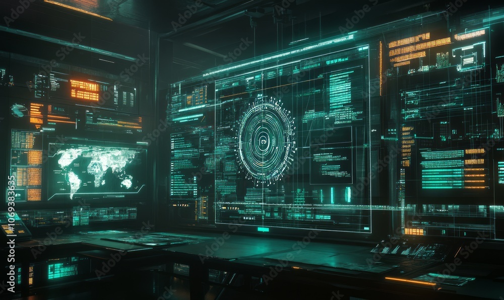 Holographic risk mitigation tools, futuristic finance hub, glowing data streams Holographic risk mitigation tools, futuristic finance hub, glowing data streams
