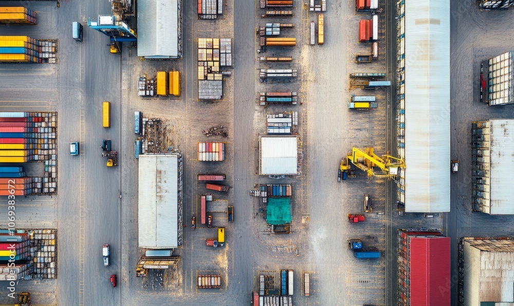 An aerial view of a busy logistics facility with multiple warehouses, loading docks, and containers. Trucks are loading and unloading goods while industrial cranes move containers An aerial view of a busy logistics facility with multiple warehouses, loading docks, and containers. Trucks are loading and unloading goods while industrial cranes move containers