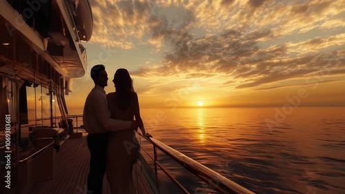 Couple Embracing on Cruise Ship Deck at Romantic Sunset, Watching Tranquil Ocean Horizon with Golden Sky. Video made using Generative AI