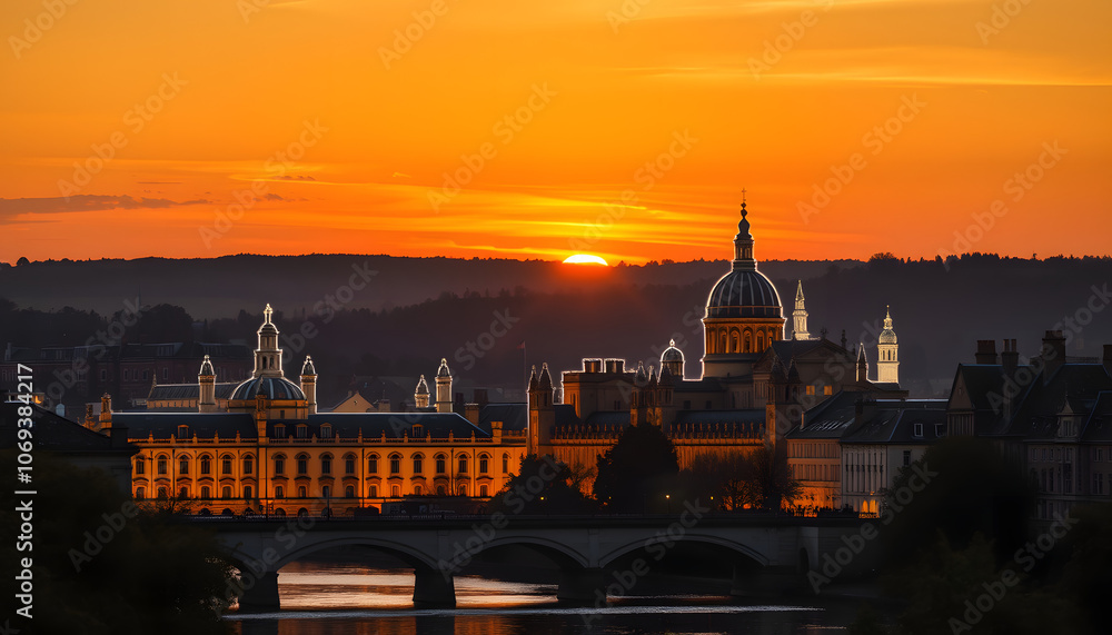 Obraz premium Cambridge, beautiful sunset. King's college chapel and river Cam at sunset. Cambridge University buildings isolated with white highlights, png