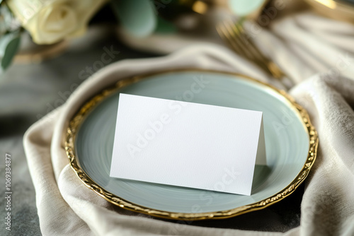 Blank mock ap card on ceramic plates on a table with a linen tablecloth photo