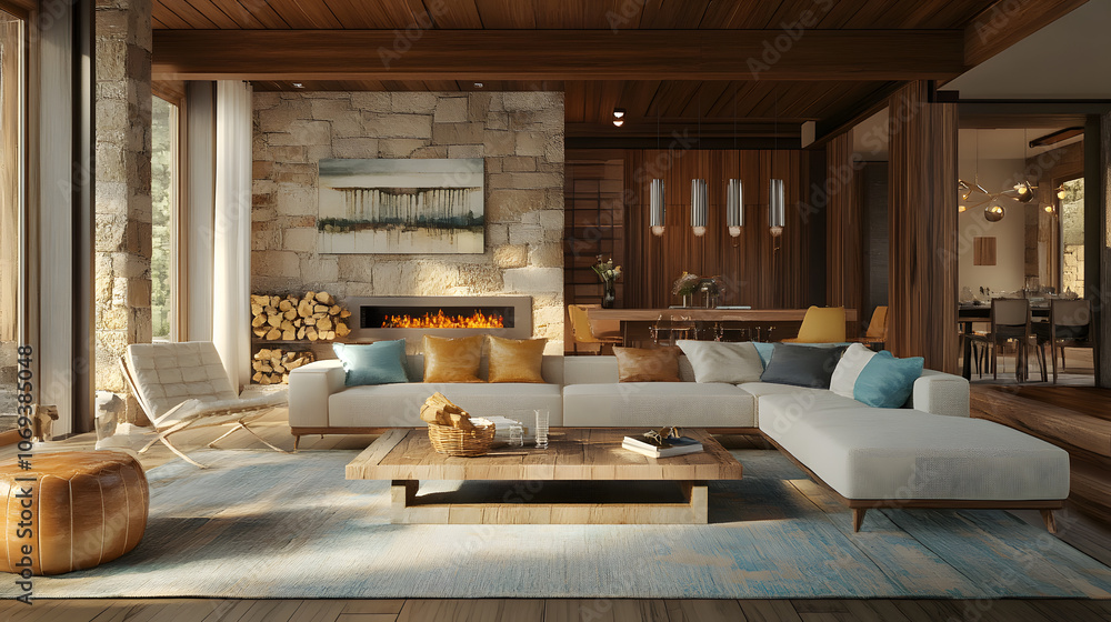 Vibrant Mid-Century Interior with Rustic Touches Vibrant Mid-Century Interior with Rustic Touches