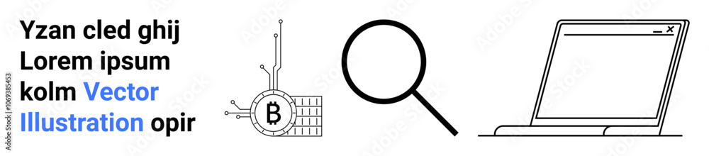 Bitcoin circuit with magnifying glass and laptop in black and white. Ideal for cryptocurrency, finance, blockchain, research, technology, data analysis, digital marketing themes. Landing page Bitcoin circuit with magnifying glass and laptop in black and white. Ideal for cryptocurrency, finance, blockchain, research, technology, data analysis, digital marketing themes. Landing page