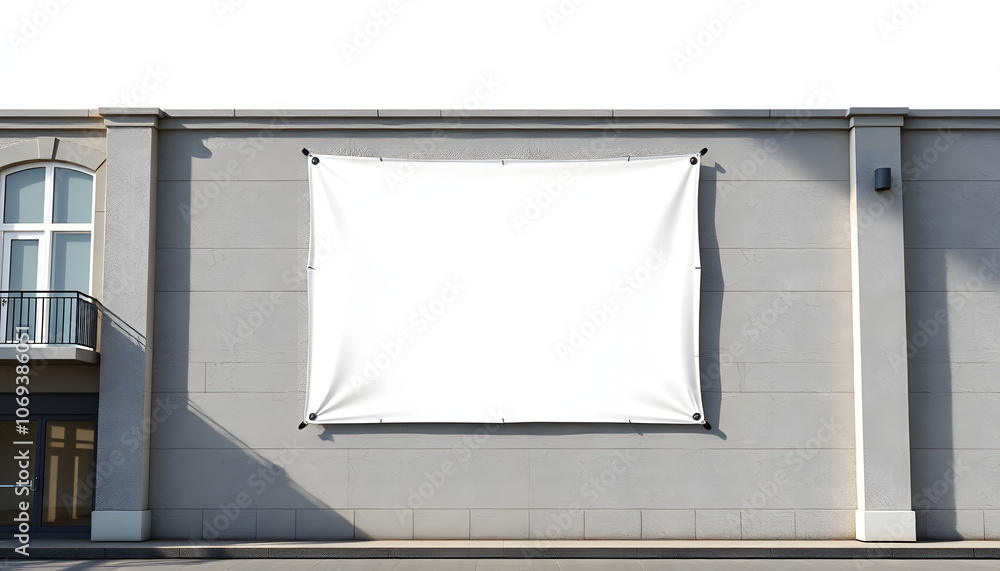 large white banner mockup located on building wall isolated with white highlights, png