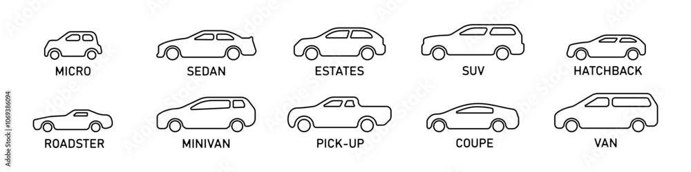 Set of linear cars vector. A collection of classic types of car body shapes. A set of different auto contours. Car shape logos. Side view linear icons minivan, sedan, coupe, hatchback, van, pickup