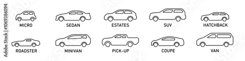 Set of linear cars vector. A collection of classic types of car body shapes. A set of different auto contours. Car shape logos. Side view linear icons minivan, sedan, coupe, hatchback, van, pickup